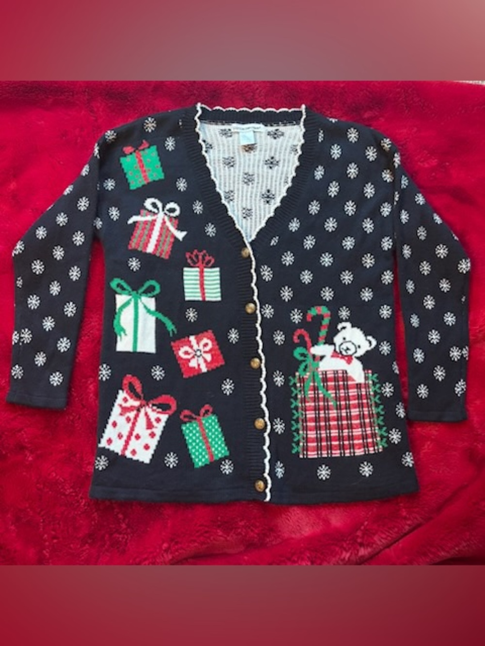 Vintage Ugly Christmas Sweater Cardigan Women Large Plaid Pocket Teddy Bear
